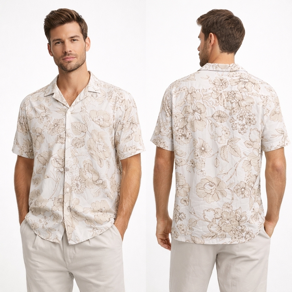 ABERCROMBIE & FITCH Button Down Shirt Mens Large Beige Floral Coastal Tropical